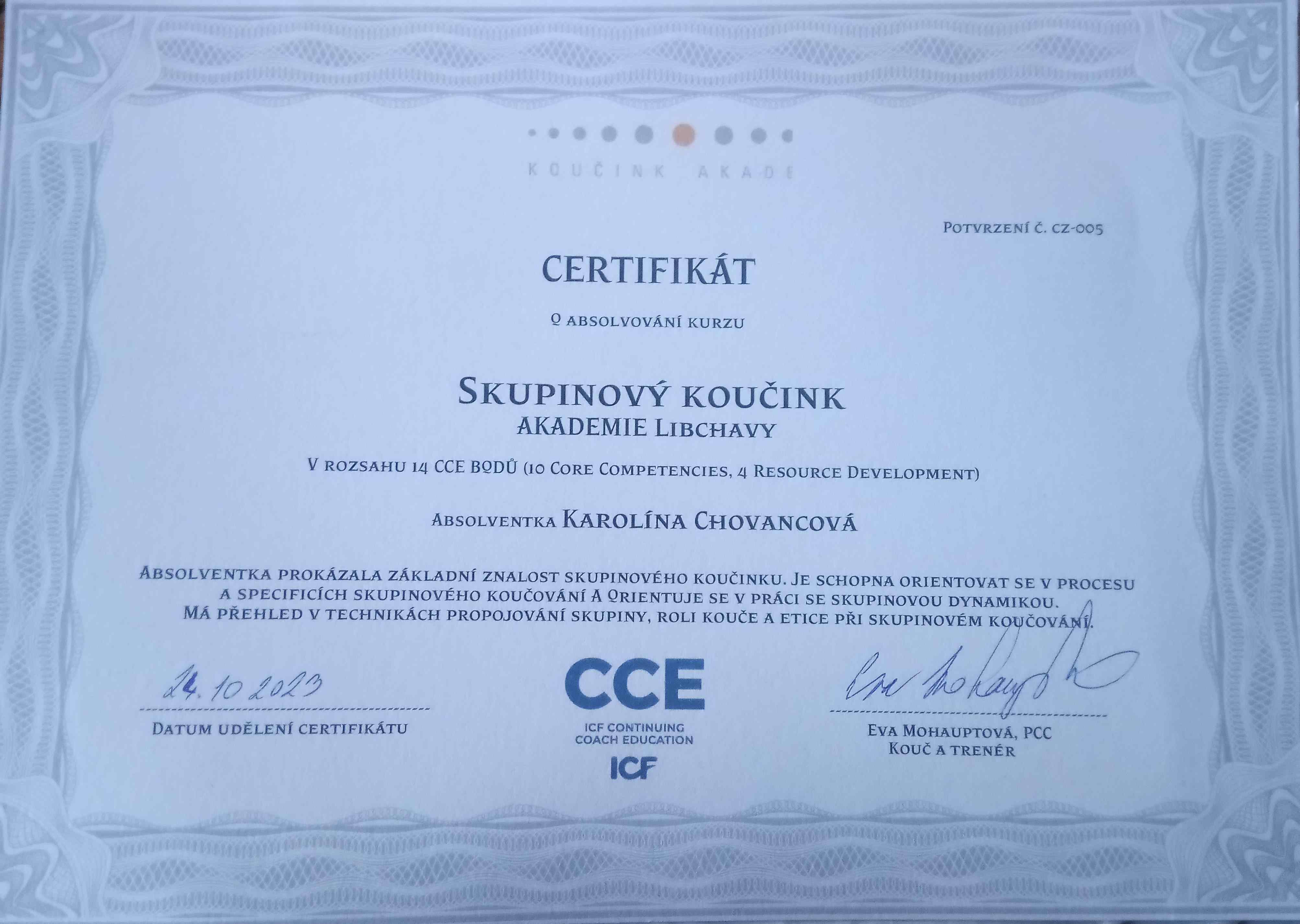 Certifikát RE kouč pro Karolínu Chovancovou